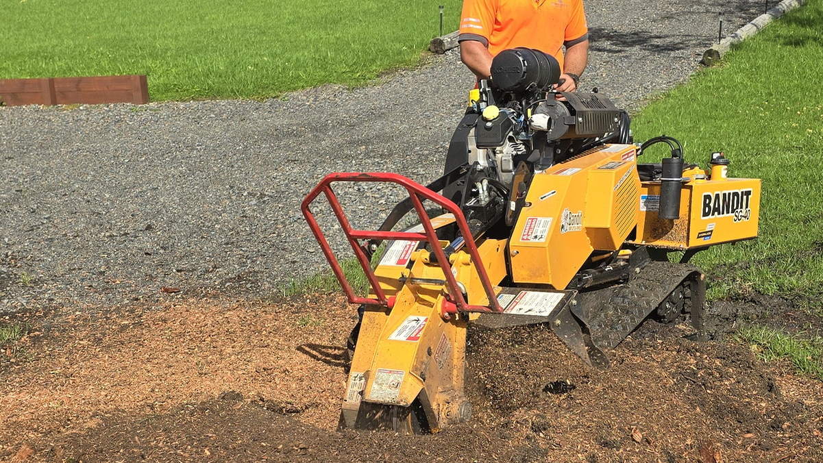 Operator driving a tracked stump grinder onto a freshly ground stump on a lawn, with trees and a blue sky behind