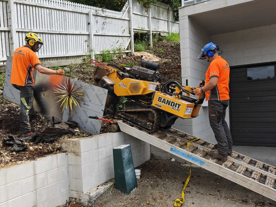 Two crew members walking a tracked stump grinder up aluminium ramps over a concrete block retaining wall to reach a stump beside a garage